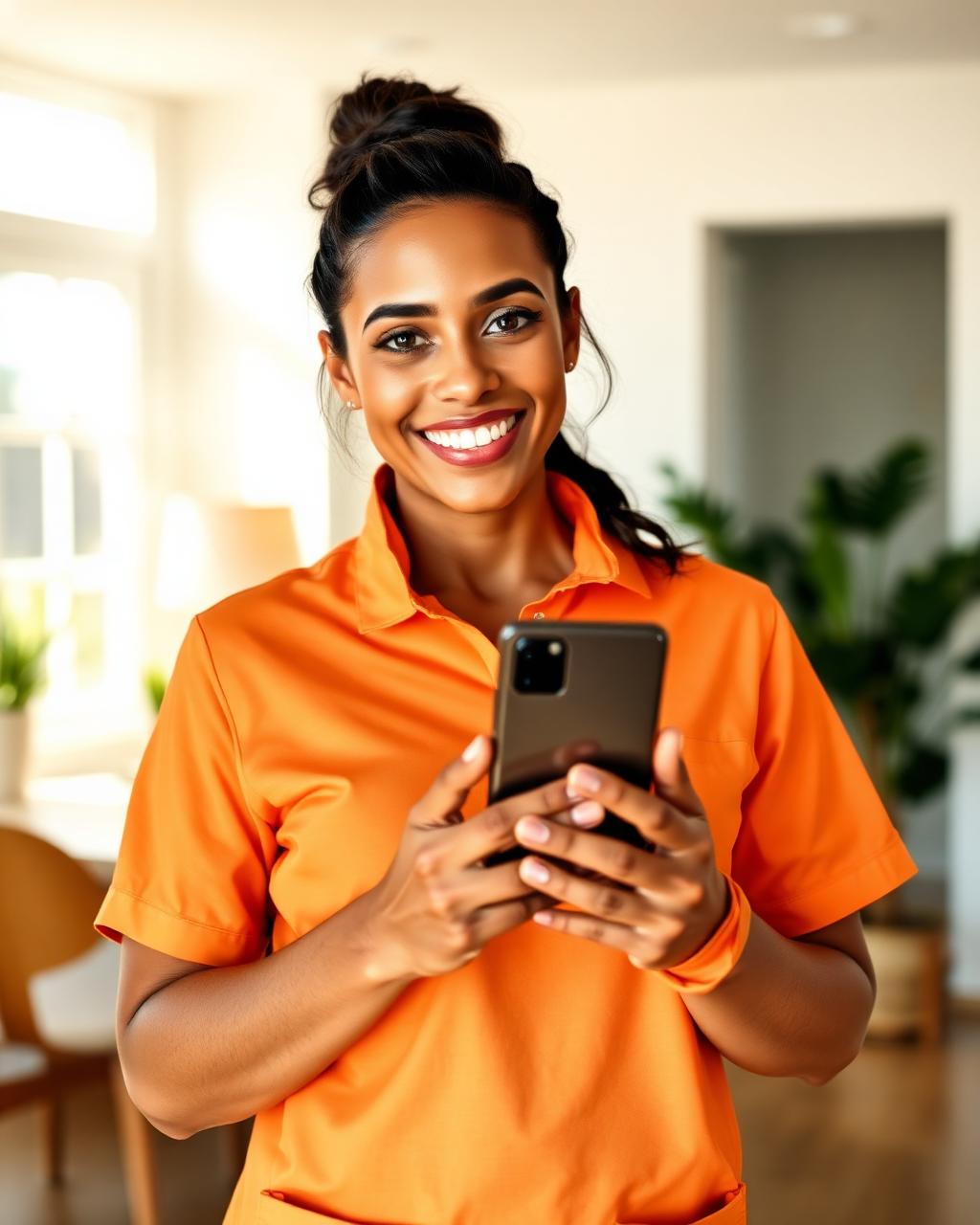 Cleaner using CleanFlow on her phone